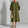 Vestido midi transfronterizo de manga abullonada con cierres de nudo hechos a mano y puños florales tridimensionales, con un diseño de falda recta acampanada para mujer
