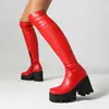 Botas de Cano Alto com Salto Alto e Plataforma Impermeáveis Tamanho 35-46, Botas de Couro Femininas Transfronteiriças, Bico Redondo com Solado Grosso e Zíper Lateral, Botas Elásticas de Cano Alto