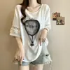 Camiseta de Manga Corta con Retazos y Ribete de Encaje para Mujer Tallas Grandes, Nuevo Estilo de Verano, Corte Holgado, Versátil, Adelgazante y Favorecedor