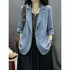 2026 chaqueta corta casual nueva de algodón y lino con manga tres cuartos, blazer de color liso