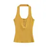 Top Halter Sexy Estilo Europeo y Americano con Escote en U y Botones de Concha, Nueva Moda de Verano Versátil Ajustado de Color Sólido Top Chica Picante