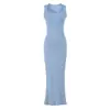Vestido azul sin mangas de cuello cuadrado con temperamento para mujer, abertura en la espalda, corte ajustado, ceñido al cuerpo, sexy, que realza la cadera, vestido midi