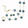 Set de Cuatro Piezas de Trébol de Cuatro Hojas de Doble Cara Más Vendido Transfronterizo: Collar, Aretes, Pulsera, Anillo, Conjunto de Joyería Versátil y Elegante de Cinco Hojas