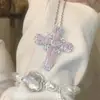 Colar Cruzado Doce e Descolado Menina Picante Rosa Gelo Totalmente Cravejado Super Brilhante para Meninas Y2K Acessório de Clavícula Exquisito de Luxo Leve