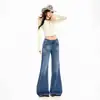 Calça jeans feminina transfronteiriça, levemente flare, lavada, estilo americano, rasgada, desfiada, azul vintage, calça comprida, azul vintage, extra-longa, Yichun