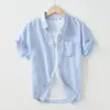 Camisa masculina estilo coreano com caimento luxuoso, camisa de linho leve de manga curta, jaqueta fina de verão de alta qualidade com modelagem solta, top moderno
