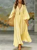 Vestido longo boêmio estilo europeu e americano para mulheres, algodão-linho, decote V profundo, mangas bufantes, corte solto, barra ampla, vestido longo para férias transfronteiriças