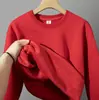 Vermelho Ano Novo 500g Forrado com Fleece Pesado Camisa para Vestir Masculina Veludo Raposa Prateada Gola Redonda Solta Cor Sólida Manga Longa Outono/Inverno Camisa de Apoio Vestuário Feminino