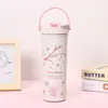 Nueva Taza de Café Portátil para Doble Bebida Termo de Acero Inoxidable de Doble Capa Gran Capacidad Portátil Linda Simple Taza con Popote