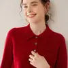 25 Nuevo Suéter de Cachemir con Cuello Polo de Otoño/Invierno Cárdigan Tejido Suéter Holgado para Mujer Chaqueta de Bolsillo Camisa Elegante