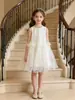 Vestido de Verão Novo 2026 para Meninas Sem Mangas Barra Ondulada Vestido de Tule Lantejoula Vestido Doce de Aniversário Infantil Vestido