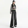 Jeans Estilo Americano Hot Girl Feminino Primavera e Outono Novo para Meninas Cheinhas Calça Reta de Perna Larga Cintura Alta Emagrecedora Solta Calça Mop