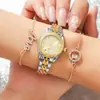 Moda exquisita reloj gradual dorado esfera de diamante cara de flor por lotes reloj de dama muñeca dos pulseras exquisitas/3 Piezas