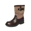 Botas de Cavaleiro de Couro Color Block Femininas Botas de Motocicleta Novo Outono/Inverno Bico Redondo Botas de Cano Médio com Aspecto Envelhecido Polido para Mulheres