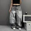 Calle de la Industria Pesada Salpicadura de Tinta Silueta Hoja Curva Jeans Unisex Lavado Desgastado Holgado Pierna Recta Pantalones Largos Pareja
