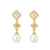 Brincos de Pérola com Trevo Totalmente Cravejados de Diamante de Luxo Leve, Brincos Elegantes Estilo Francês para Senhoras, Versáteis para o Trabalho e Encontros