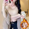 Blusa Térmica Forrada com Fleece para Mulheres no Inverno, Renda Espessa Costurada com Bojo, Casaco de Outono de Manga Longa, Camiseta Básica Ajustada ao Corpo