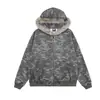 Cárdigan con Capucha y Cuello de Piel con Cremallera Estilo Retro Callejero Asiático Americano Ligero Oso Mágico Camuflaje con Pedrería