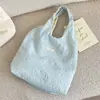 Bolso Tote Floral Bordado Azul Claro 6561 con Textura de Burbujas, Bolso de Lona Estilo Coreano Estilo Girly para el Trabajo y la Clase