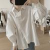 Camisa irregular para mulheres Primavera e Outono Nova solta plus size emagrecendo frente curta e costas longa lanterna manga top de algodão manga comprida