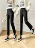 Pantalones Negros de Nuevo Estilo para Primavera y Otoño con Dobladillos Abiertos, de Cintura Alta, Elásticos, Caída Suelta, Resistentes a las Arrugas, Simples y Elegantes, Pantalones de Pierna Recta Adelgazantes para Mujer
