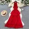 Vestido Plisado Rojo Estilo Puro Deseo con Cuello Halter y Lazo para Mujer Verano Versión Coreana Cintura Ceñida Falda de Pastel Adelgazante Vestido Largo Estilo Resort