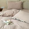 Juego de Cuatro Piezas de Cama de Gasa de Doble Capa de Algodón Moderno y Sencillo con Encaje Bordado de Hongo, Juego Universal Lavable Amigable con la Piel para Todas las Estaciones