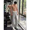 Estampa floral branca, drapeado, calça casual masculina de outono estilo americano, peso pesado, corte cleanfit reto, levemente alargada