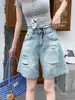 Shorts Jeans Vintage Rasgado Modelo A-Line Plus Size para Mulheres, Verão Cintura Alta Emagrecedor Reto Perna Larga Comprimento do Joelho