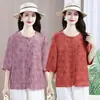 Camisa Elegante y Juvenil de Seda y Lino con Cuello Redondo y Mangas Cortas, Cárdigan Holgado y Elegante para Madres de 40-50 Años