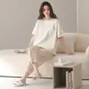 2026 Verano Venta Caliente Pijamas Frescos para Mujer Manga Corta Pantalón Siete Puntos Suave Elástico Algodón Ropa de Casa Delgado Conjunto Casual
