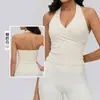Top de yoga sexy europeu e americano com decote halter profundo em V para mulheres com bojo fixo, modelagem justa, sem mangas, top esportivo para fitness