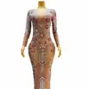 Celebración de Cumpleaños Sexy Nude Transparente Plata Pedrería Cristal Brillante Estilo Vestido Piedra Prom