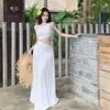 Vestido de Verano Francés Nuevo de Alta Gama Hueco sin Mangas Hombro Asimétrico sin Cintura Falda de Temperamento para Vacaciones en la Playa Falda Larga