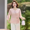 2026 Verano Nuevo Estilo Chino Estilo Nacional Cuello en V Manga Larga Camisa para Mujer de Mediana Edad y Adultos Mayores Ropa Temperamento Noble Top