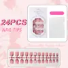 Venta Caliente Transfronteriza Estilo Europeo Estampado de Leopardo Uñas Francesas Portátiles 3D Lazo Dulce Fresco Puntas de Uñas Postizas 24 Piezas Piezas de Arte para Uñas
