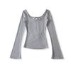 Camiseta Listrada de Gola U com Manga Flare para Primavera Feminina, Nicho Puro Desejo Menina Picante, Amarração nas Costas, Costas Abertas Grandes, Top Básico Justo
