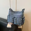 Bolsa Transversal para o Dia a Dia Feminina Jeans Lavado Retrô Grande Capacidade Multibolsos Bolsa de Ombro para Trabalho Compras Viagem