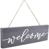 Letrero rectangular de madera gris de bienvenida, letrero decorativo de madera para pared con cuerda de cáñamo