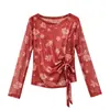 Camiseta de Malla de Verano Nuevo Estilo Estampada Irregular con Lazo y Mangas Largas para Mujer, Top de Verano con Diseño de Sol Rojo Protector