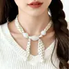 Bufanda de Seda con Estampado de Leopardo Cadena de Suéter con Perlas para Mujer, Lujo de Gama Alta Nicho Versátil Lazo Corazón Collar