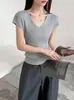 Flor de Naranjo Primavera/Verano Nuevo Estilo Coreano Cuello en V Tejido Manga Corta Gama Alta Ajustado Hombro Normal Top 2723