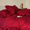 Juego de Boda Romántico Francés de Encaje de Cuatro Piezas 100% Algodón de Fibra Larga Jacquard Rojo Funda Nórdica para Boda Sábana Plana Sábana Ajustada