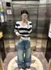 Tejido de pelo sintético, suéter de cuello en V a rayas de bloques de color, nuevo estilo otoño/invierno 2026 para mujer, capa interior, top de punto