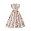 Estilo Novo Primavera e Verão 26 Roupas Infantis Amazon Transfronteiriças, Vestido Rodado Elegante com Estampa Floral e Mangas Leves Ajustado na Cintura