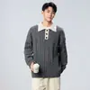 Polo retro estilo americano con un look sofisticado, con diseño de solapa y un suéter de punto de imitación de dos piezas, adecuado tanto para hombres como para mujeres, perfecto para un estilo relajado de otoño e invierno.
