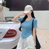 Foto Real # Camiseta de Algodón Puro de Cuello U y Manga Corta para Mujer 2025 Verano Nuevo Estilo Asimétrica Hombro Derecho Diseño Corto con Ombligo Descubierto