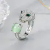 Anillo de Cabeza de Leopardo de Jade Verde Elegante y Suave, Completamente Tachonado de Diamantes, Anillo Abierto con Jade Incrustado, Anillo de Cabeza de Leopardo Audaz, Anillo de Jade para Mujeres