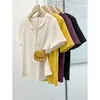 Ropa de verano transfronteriza para mujer de talla grande, cuello en V adelgazante, camiseta de manga corta de color liso con botones talla grande, top versátil de hombro normal para mujer, corte ajustado