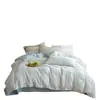 Conjunto de quatro peças estilo japonês vintage Classe A, 100% algodão, com padrão espinha de peixe, capa de edredom jacquard, lençol, roupa de cama com textura amassada branca e azul